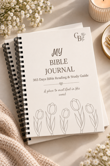 Two Rooted in His Word Bible journals stacked flat, spiral bound with a tulip line drawing on the cover.