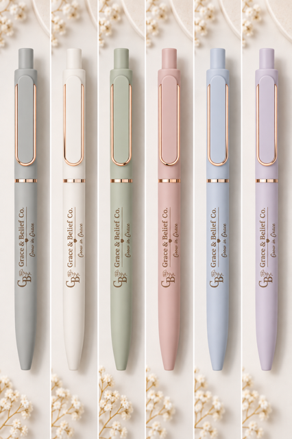 All six Grace and Belief Co. pens lined up: Stillness, Grace, Abide, Beloved, Promise, and Selah.